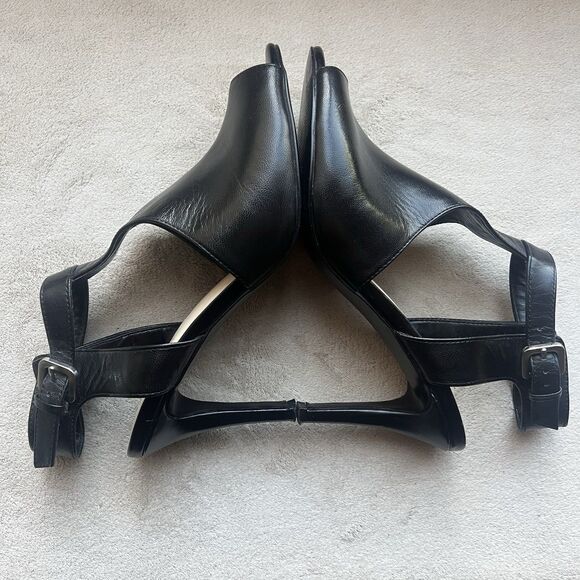 New Nine West Infusion Black Leather Heeled Sandals Women 8.5 M Ankle Strap - Picture 4 of 16